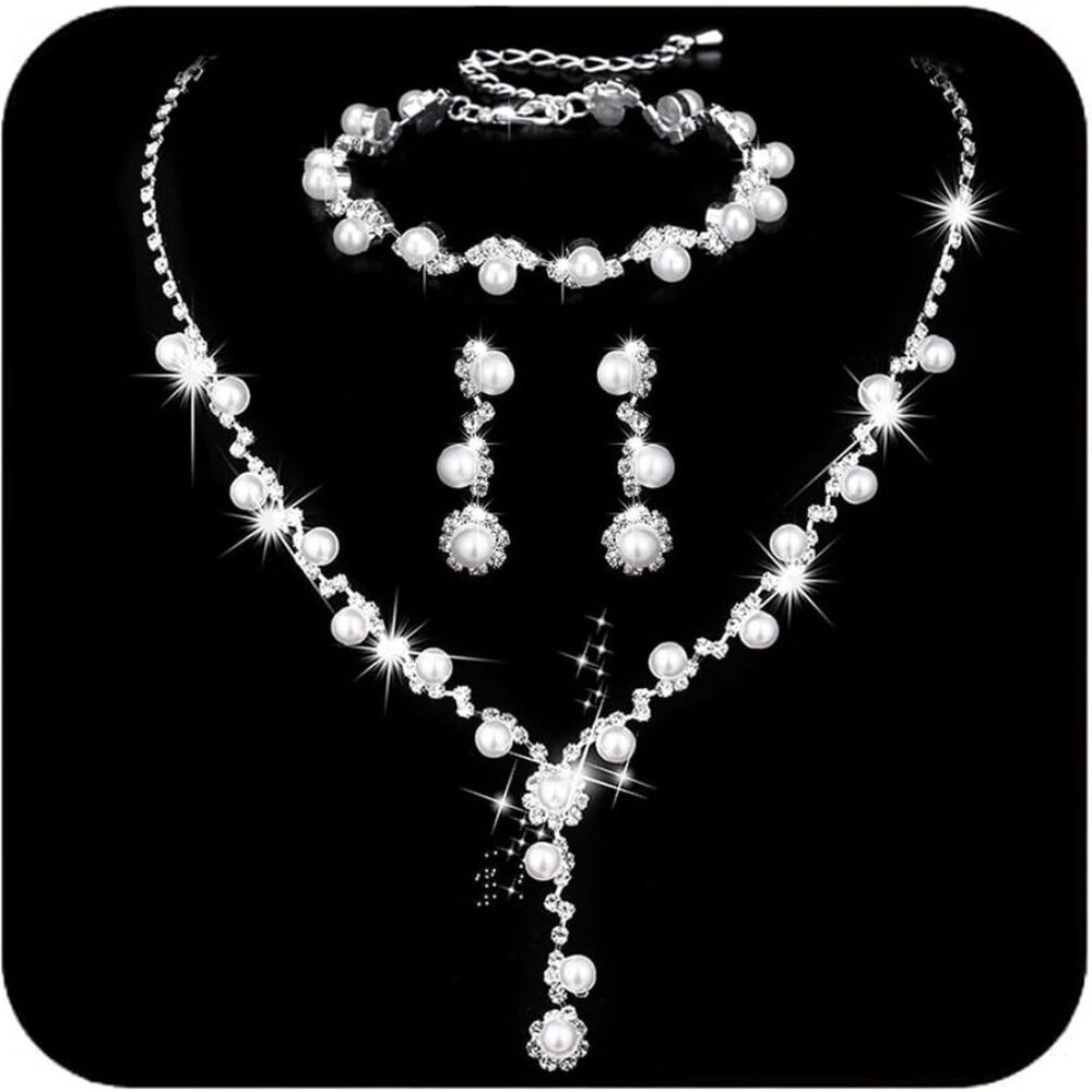 Silver Pearl Bridal Wedding Jewelry Set Rhinestone Necklace Earrings Bracelet Se